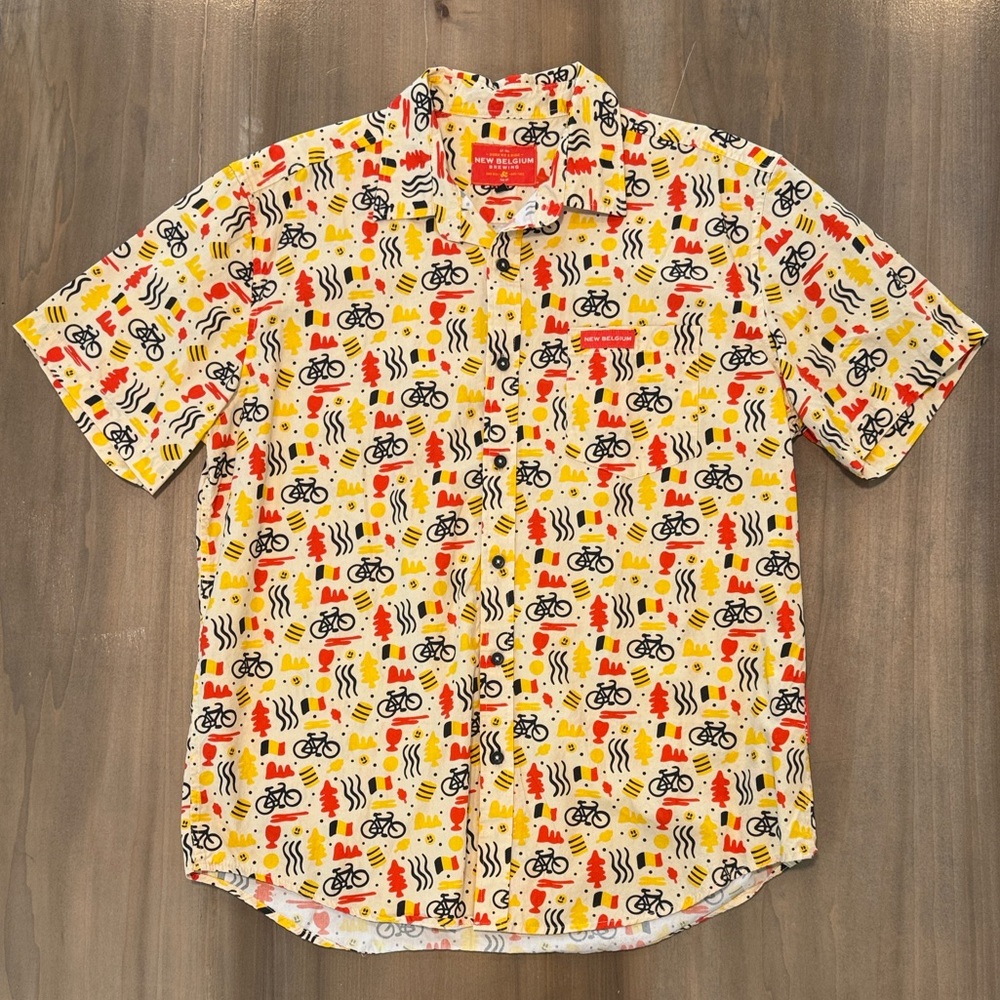 New Belgium Yellow Bicycle Print Button Down Shirt Beer Brewery Cycling Mens L